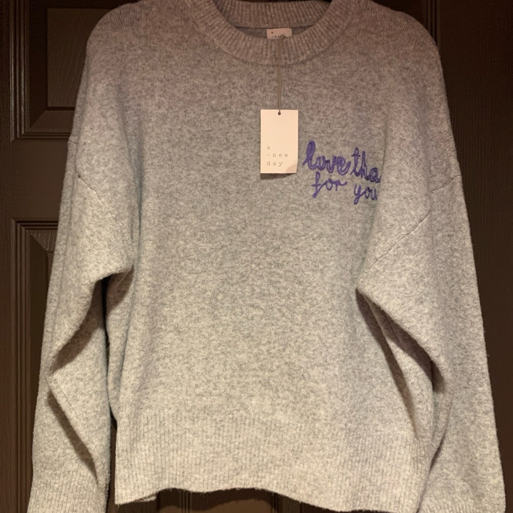 A New Day Gray Sweater with Purple Embroidery “love that for you” grey L